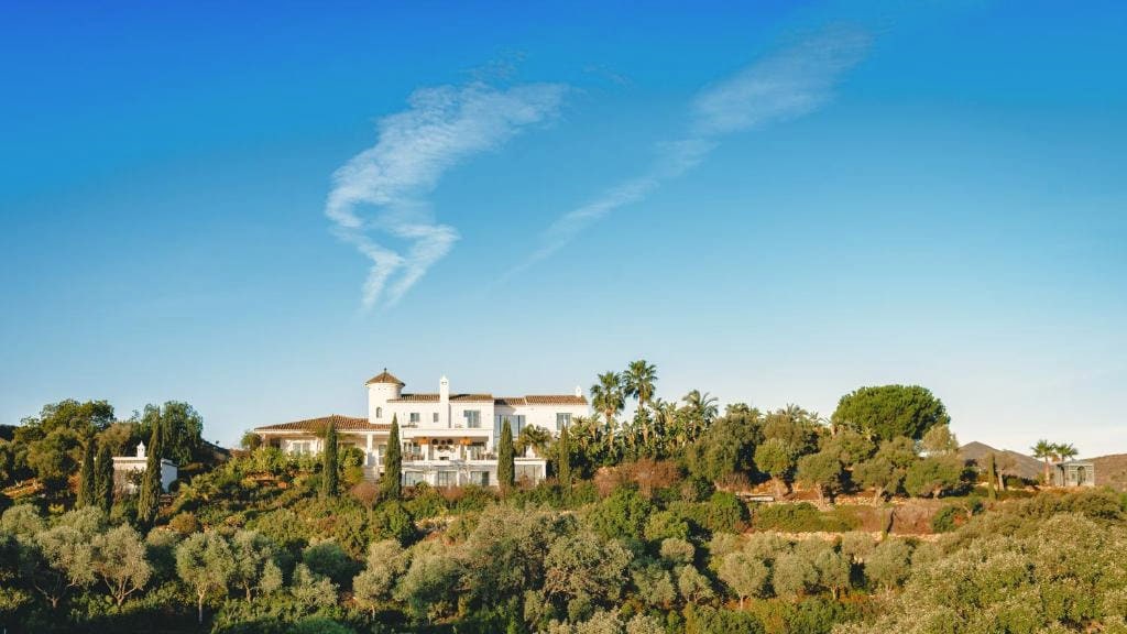 The white house at Viluz seen across the valley, palms and olive trees around it under an open sky.